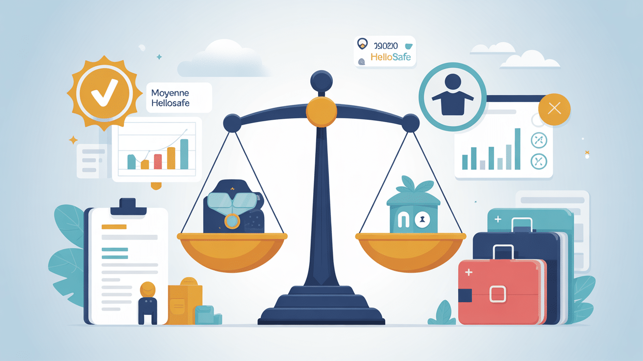 Illustration hellosafe moyenne balance dossiers graphiques