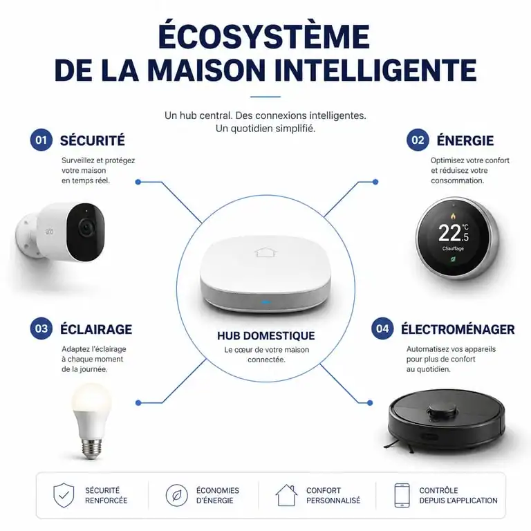 Infographie illustrant l'écosystème et les usages des objets connectés dans la maison intelligente