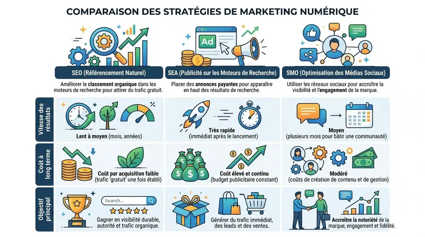 Infographie comparative des leviers SEO, SEA et SMO pour la visibilité en ligne
