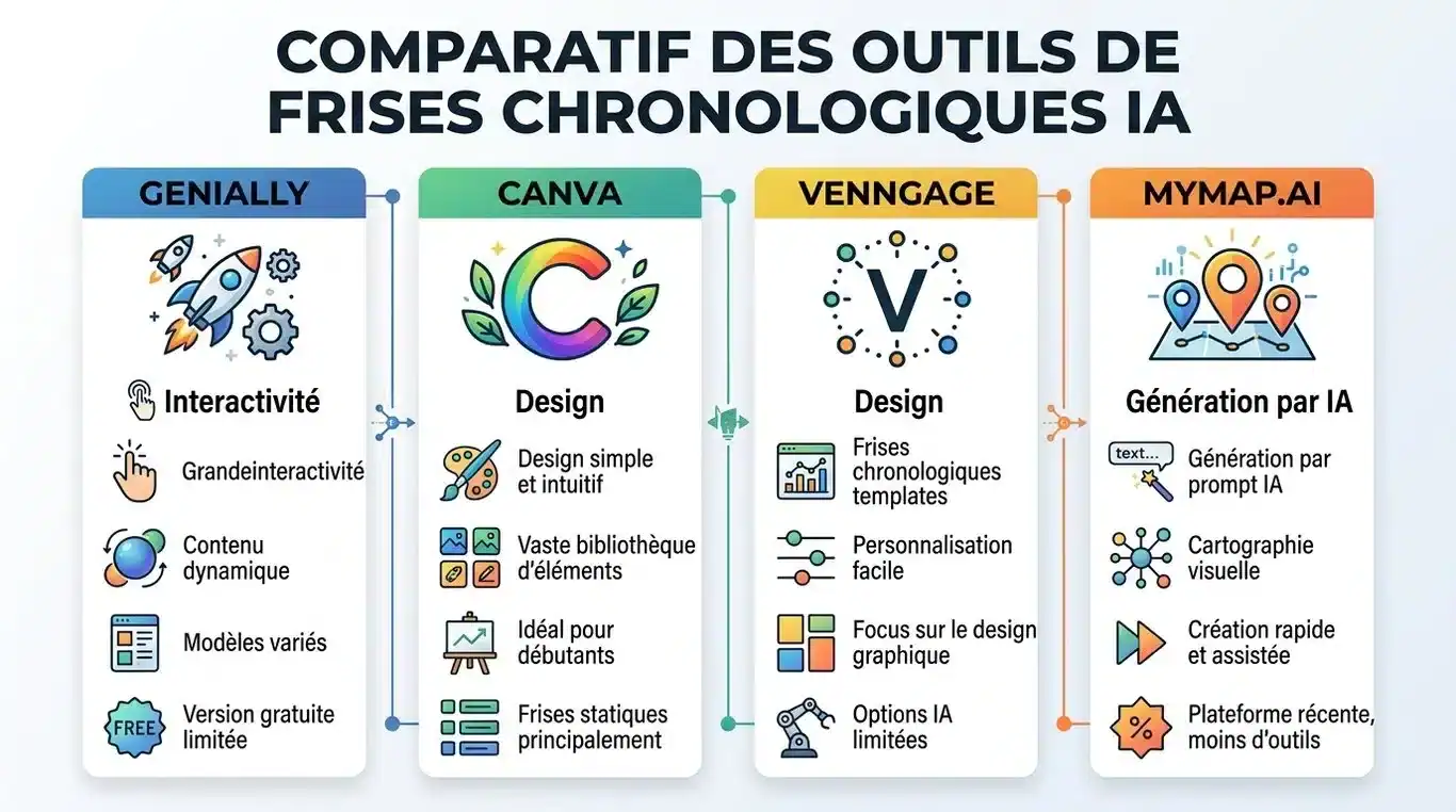 Infographie comparative des outils de création de frises chronologiques par IA
