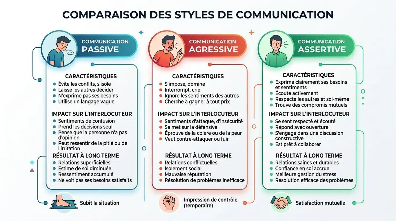 Infographie comparant les styles de communication passif, agressif et assertif