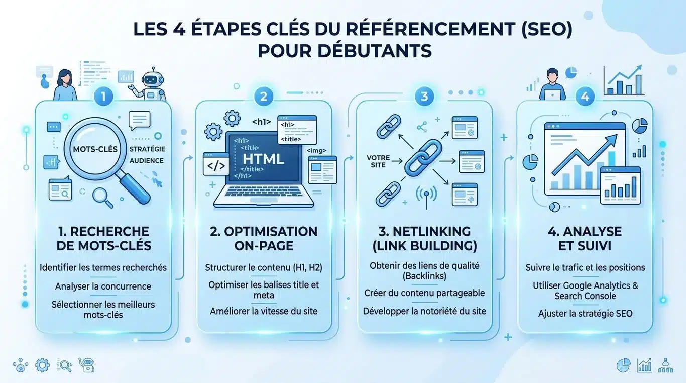 Infographie des 4 étapes clés du SEO pour débutants