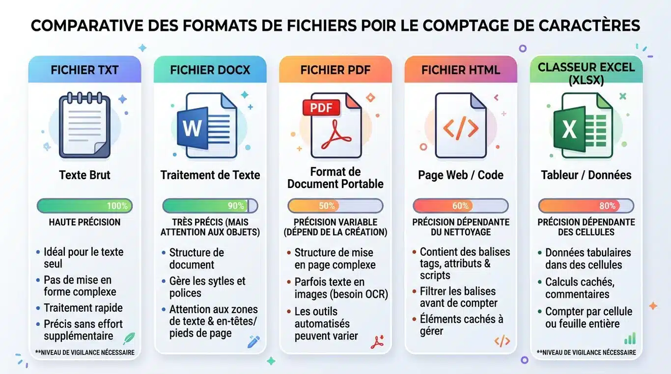 Infographie comparative des formats de fichiers pour le comptage de signes