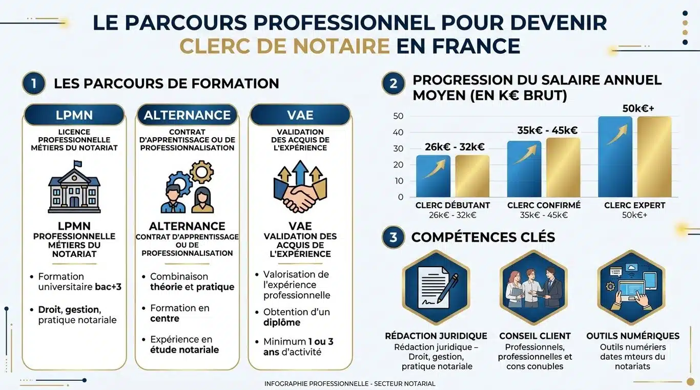 Infographie récapitulative : parcours de formation, progression salariale et compétences clés pour devenir clerc de notaire.
