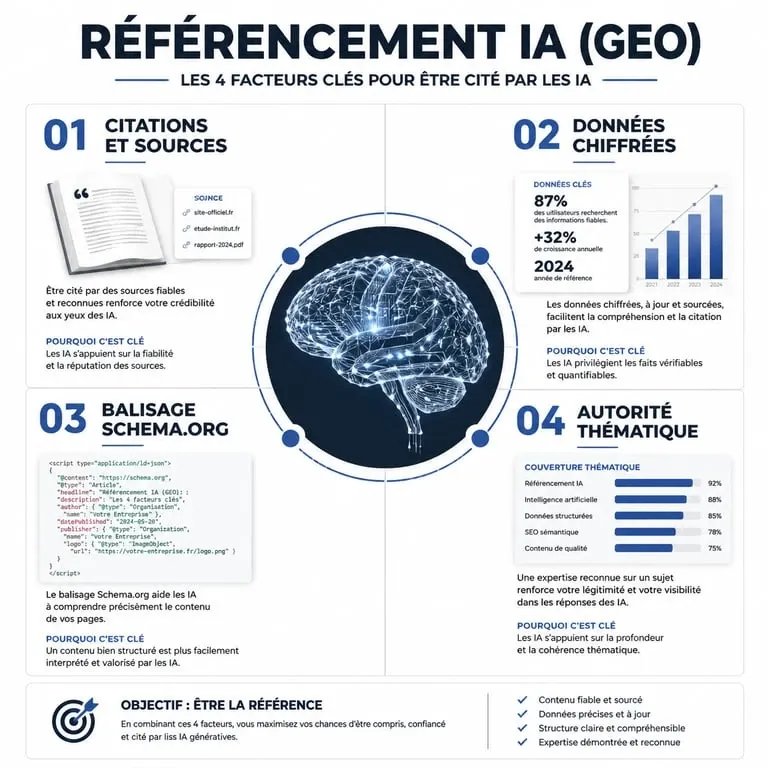 Infographie illustrant les piliers du référencement IA pour optimiser la visibilité dans les moteurs génératifs.