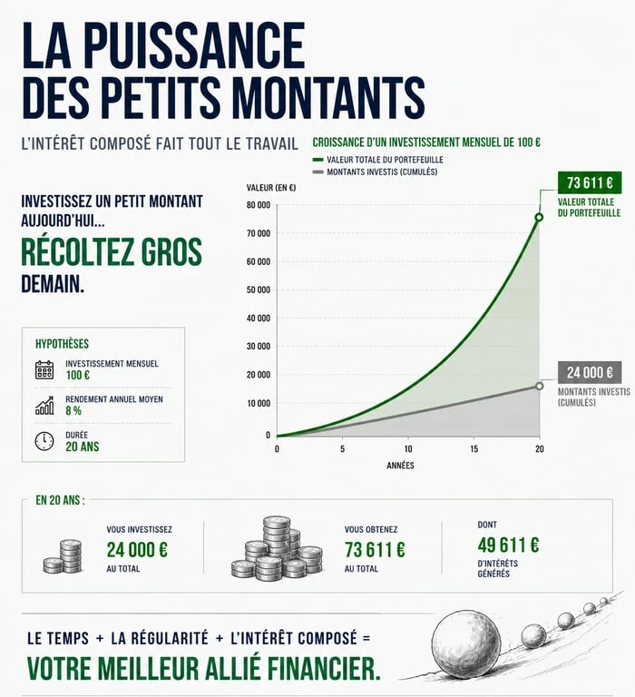 Infographie illustrant l'effet des intérêts composés pour investir en bourse avec un petit budget