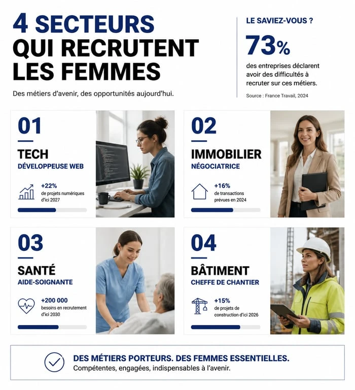 Infographie des secteurs professionnels porteurs pour une reconversion professionnelle femme