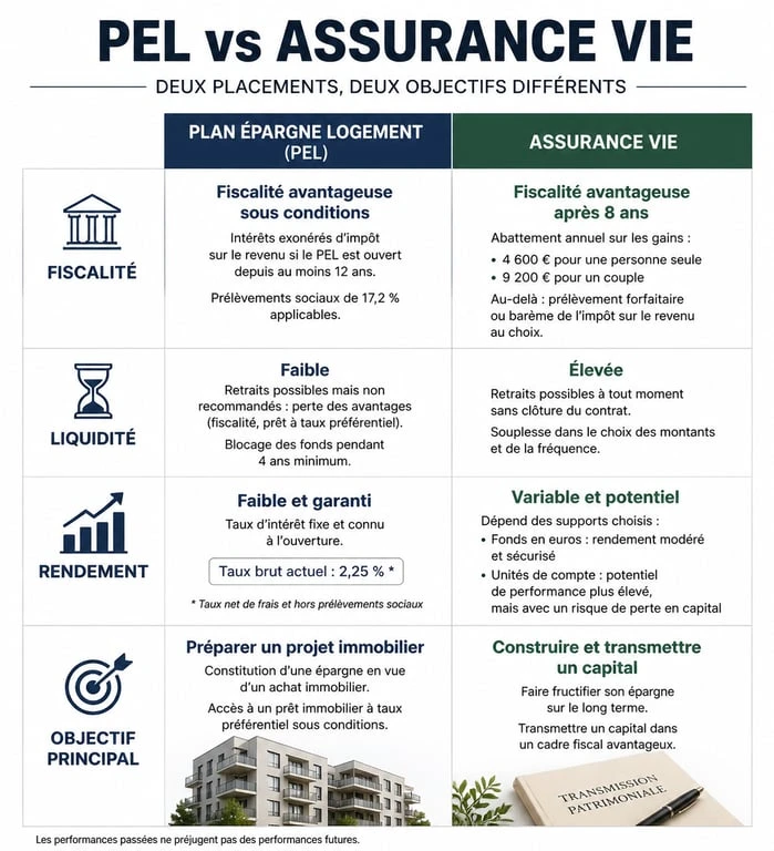 Infographie comparative PEL vs Assurance Vie : fiscalité, rendement et disponibilité
