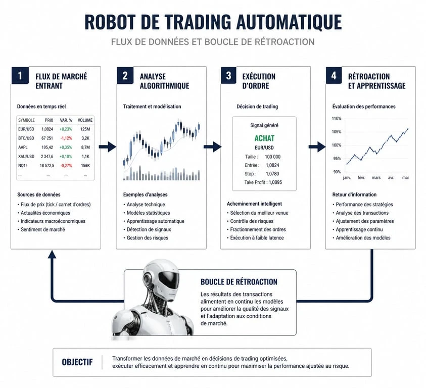 Schéma de fonctionnement d'un robot de trading automatique sur les marchés financiers