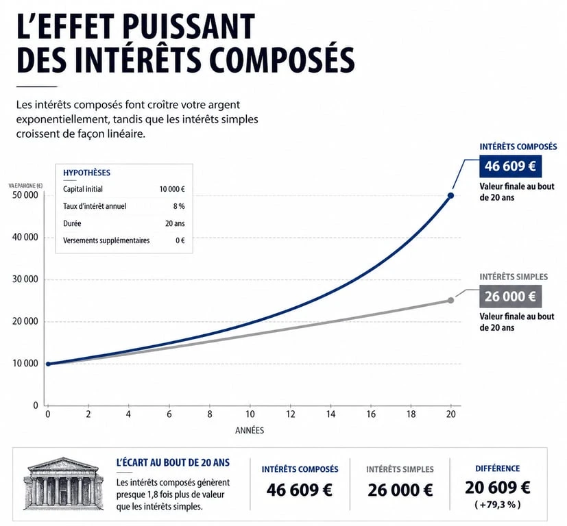 Graphique illustrant la puissance des intérêts composés pour une simulation d'épargne