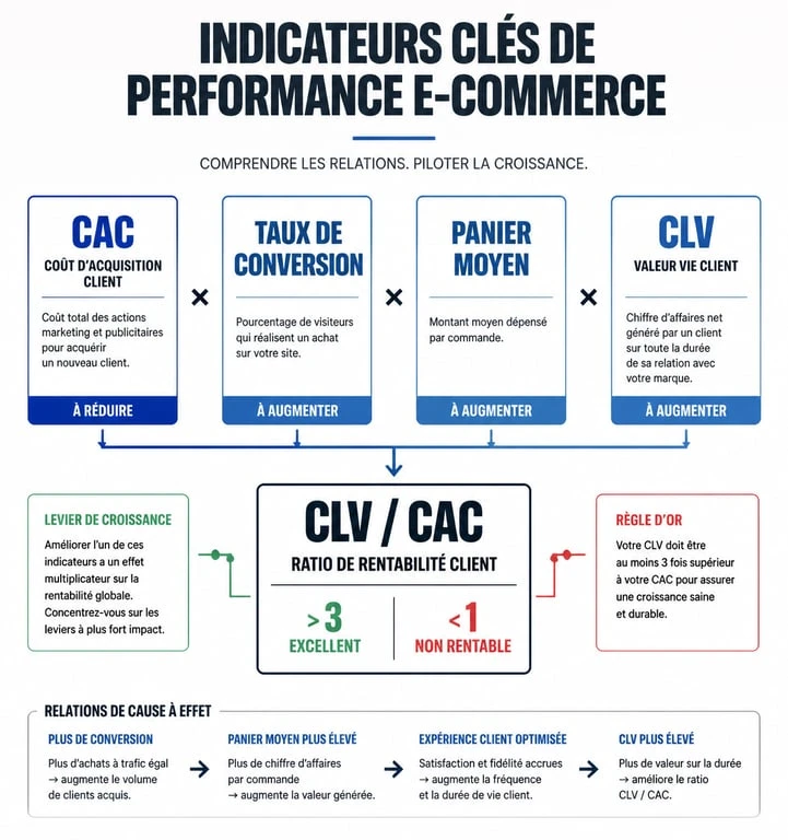Infographie des KPI e-commerce essentiels pour optimiser la rentabilité d'une boutique en ligne