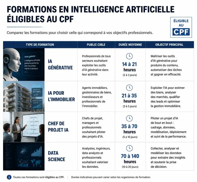 Tableau comparatif des formations en intelligence artificielle éligibles au CPF