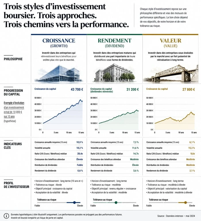 Infographie comparative des styles d'investissement pour PEA : Croissance, Rendement et Valeur
