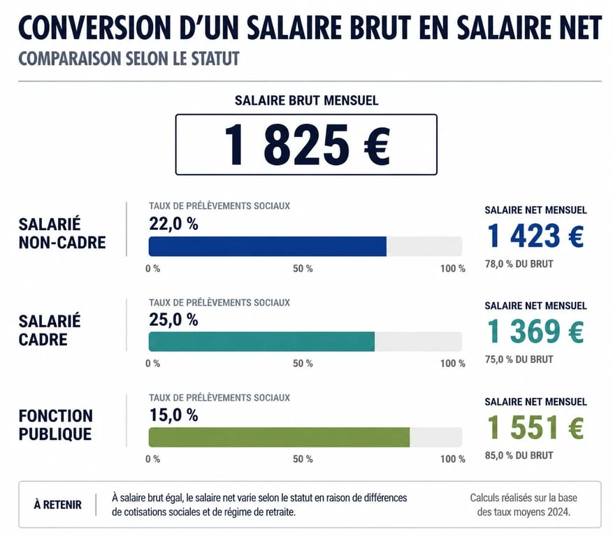 Infographie comparative du salaire net pour 1825 euros brut selon le statut professionnel