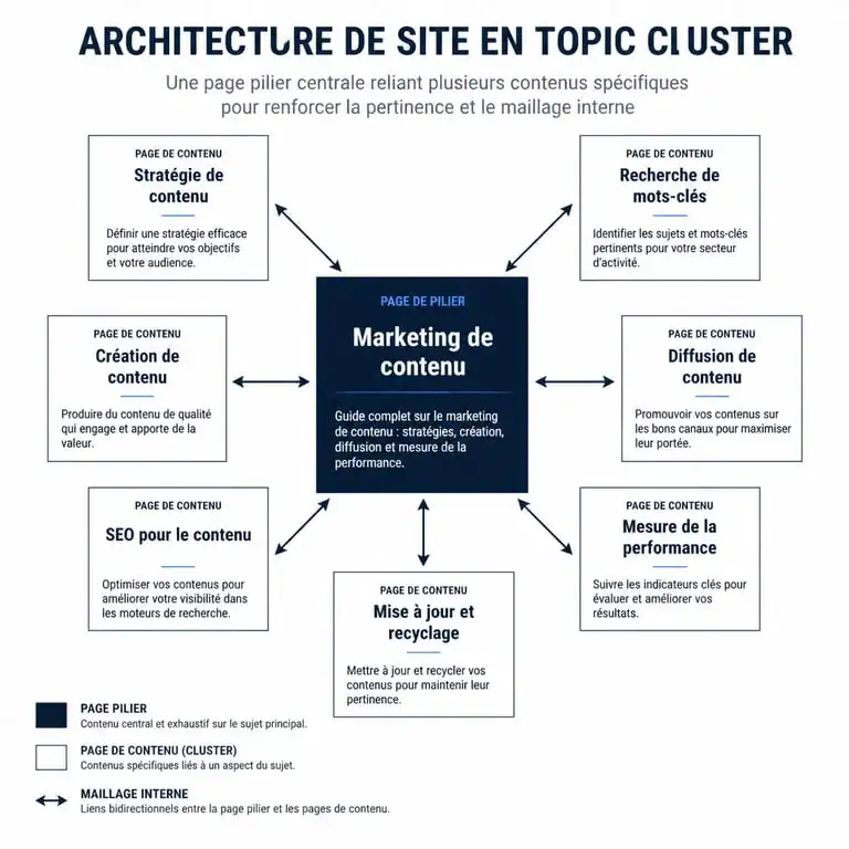 Schéma d'architecture de stratégie éditoriale SEO en Topic Cluster