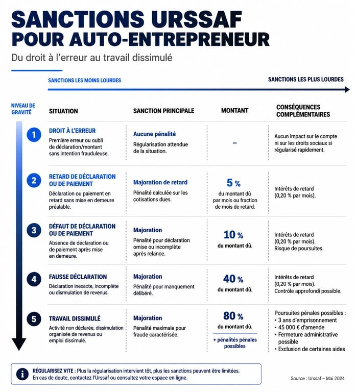 Tableau récapitulatif des sanctions URSSAF pour fausse déclaration auto-entrepreneur