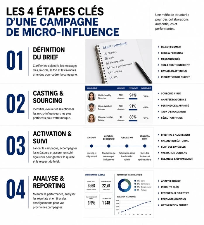 Infographie des étapes clés d'une campagne avec une agence micro influenceur