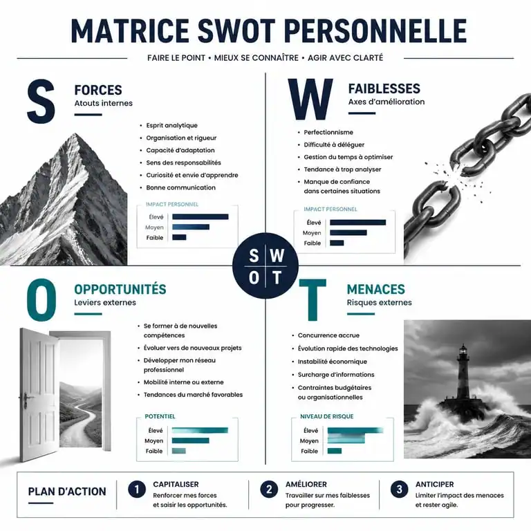 Matrice SWOT personnelle : guide visuel pour l'analyse de carrière