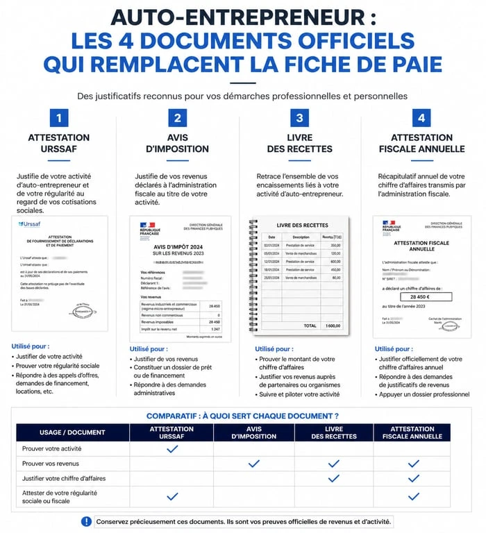 Infographie des documents officiels remplaçant la fiche de paie pour auto-entrepreneur