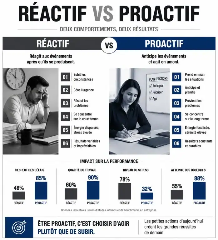 Infographie comparative entre comportement réactif et proactif au travail