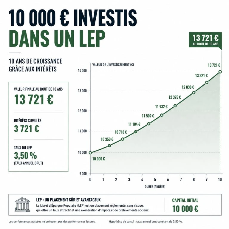 Graphique illustrant l'évolution et le rendement d'un LEP plein sur 10 ans
