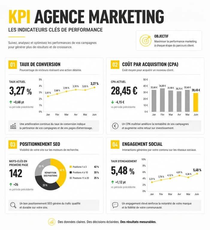 Infographie des indicateurs clés de performance pour choisir une agence marketing à Marseille