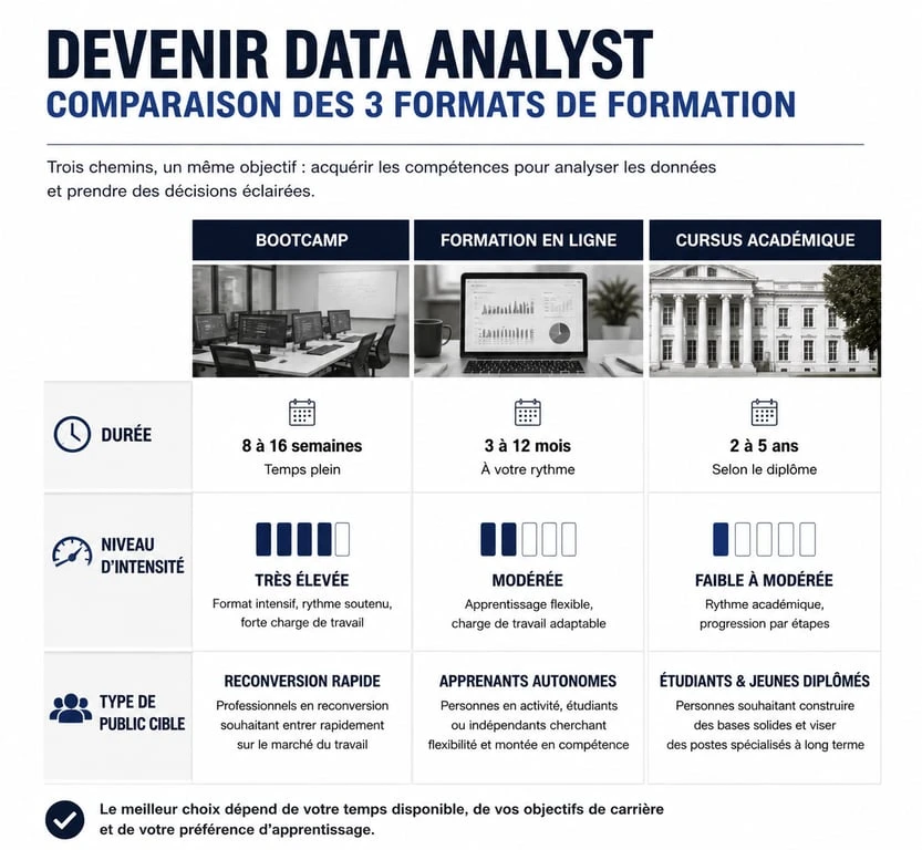 Infographie comparative des formations pour une reconversion en data analyst