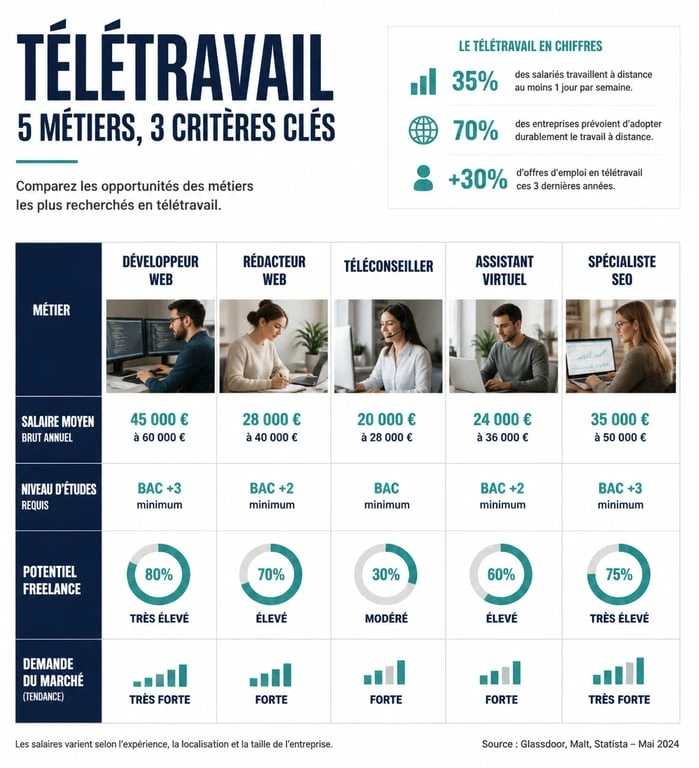 Infographie comparative des métiers en télétravail et leurs opportunités professionnelles