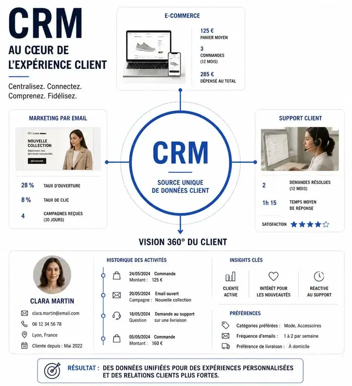 Infographie illustrant la centralisation des données client via un CRM pour le e-commerce