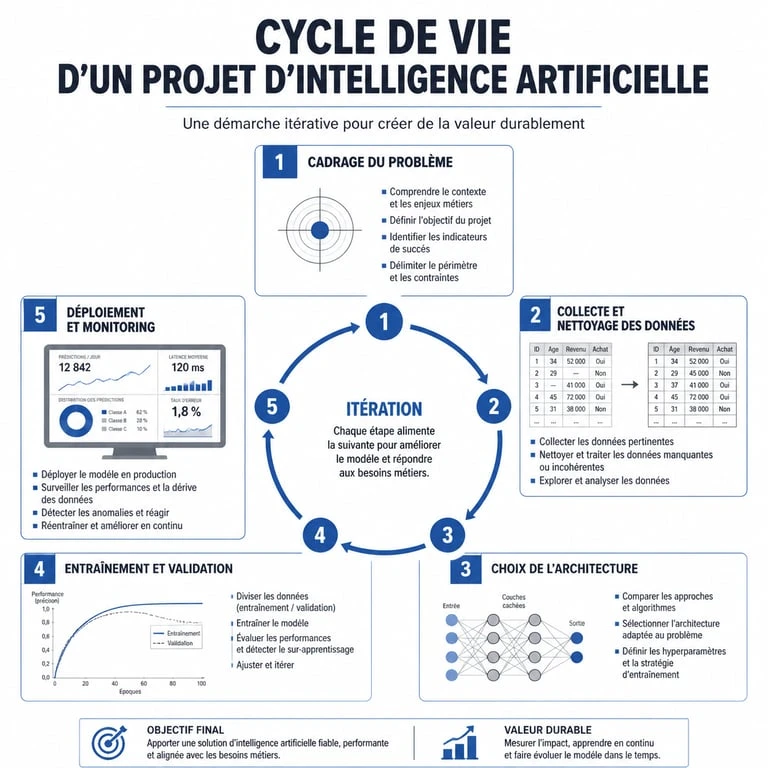 Infographie du cycle de vie d'un projet de création d'intelligence artificielle