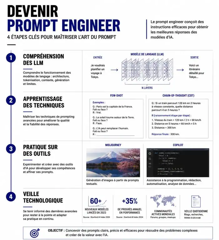 Infographie des étapes pour devenir prompt engineer et maîtriser l'IA générative