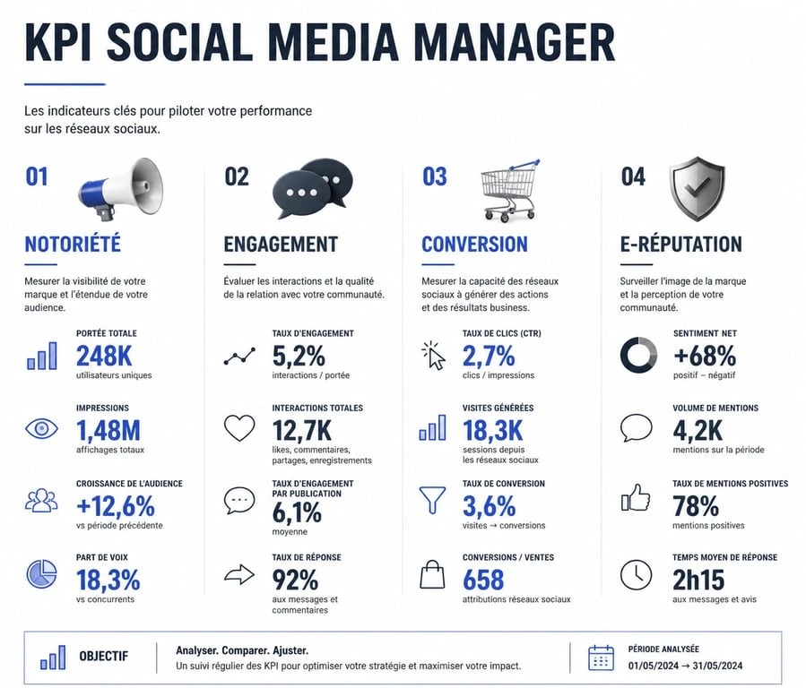 Tableau des indicateurs de performance et outils pour une formation social media manager