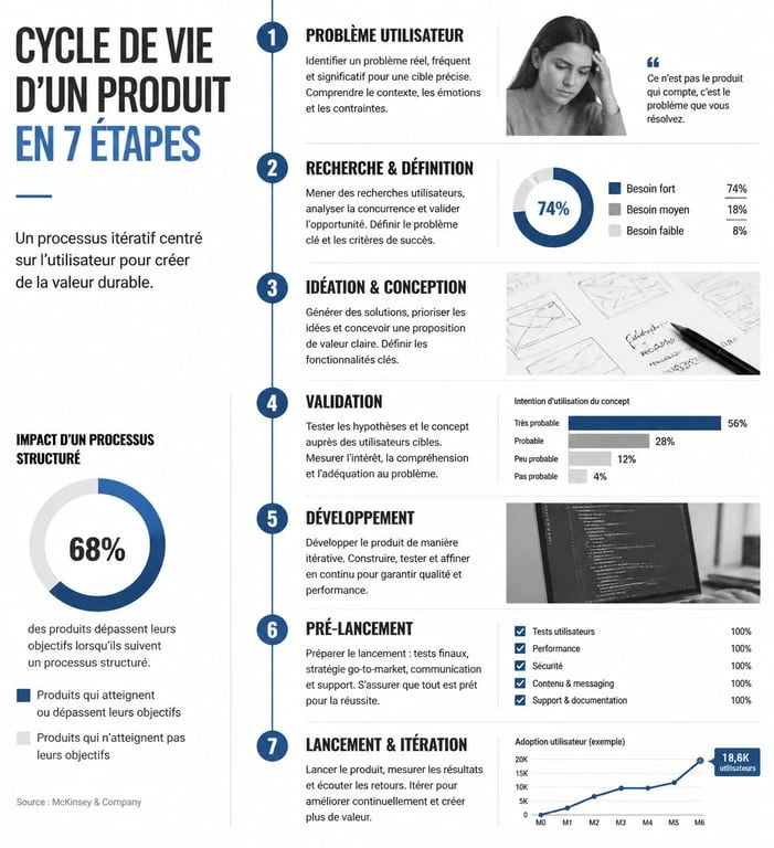 Infographie du cycle de vie de la gestion produit en 7 étapes