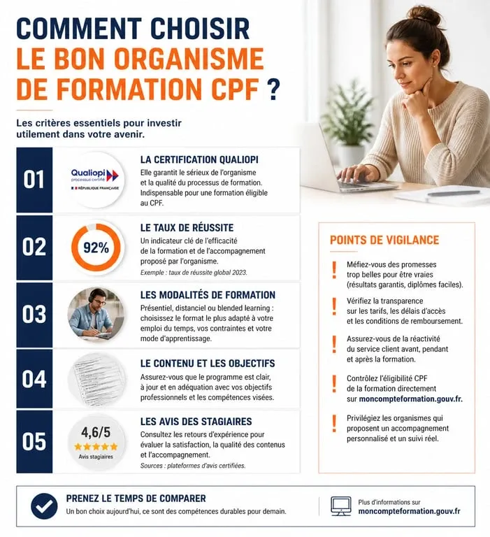 Infographie des critères pour choisir une formation CPF éligible et de qualité