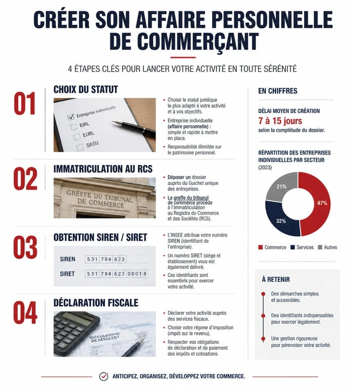 Infographie des étapes de création d'une affaire personnelle commerçant