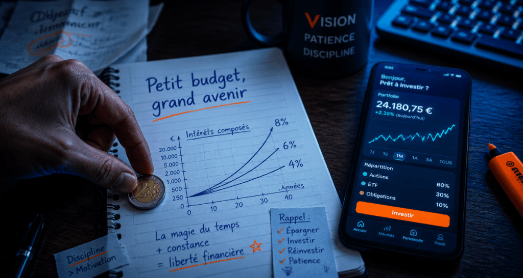 investir en bourse petit budget main pièce carnet graphique