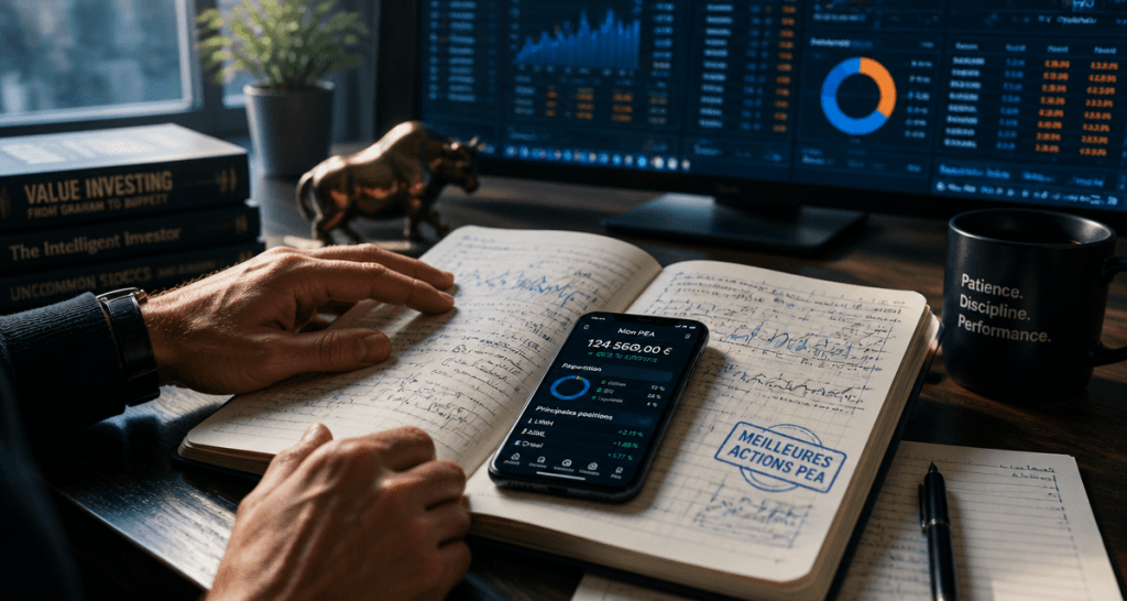 investisseur analyse meilleur action pea sur carnet et smartphone