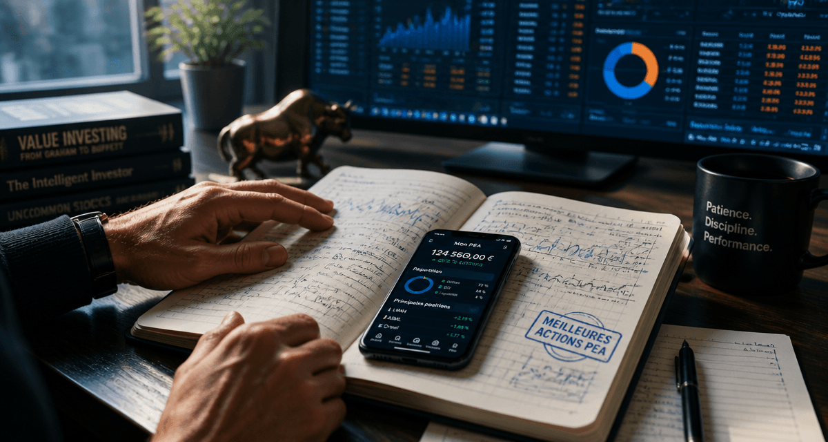investisseur analyse meilleur action pea sur carnet et smartphone