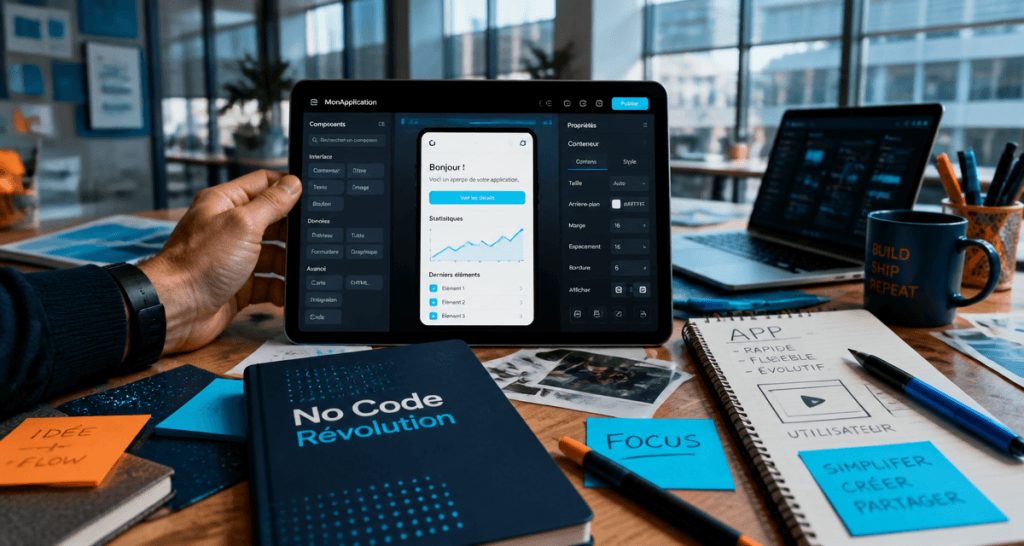 outils no code sur tablette en open space moderne
