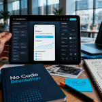 outils no code sur tablette en open space moderne