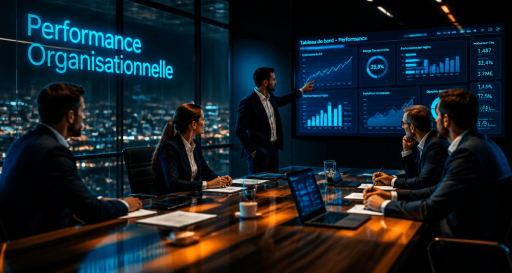 Dirigeants analysant performance organisationnelle sur tableau