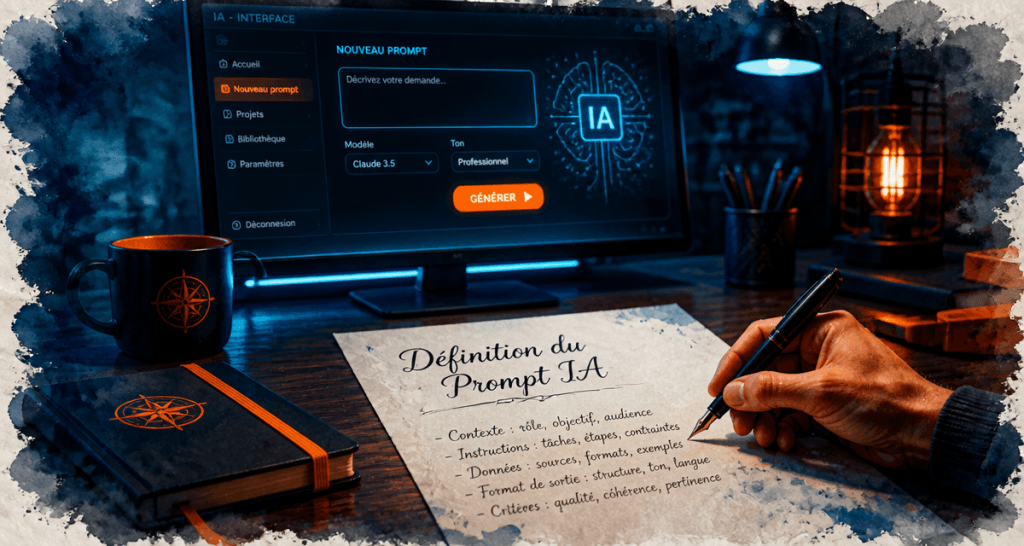 Prompt IA définition manuscrite sur bureau avec ordinateur