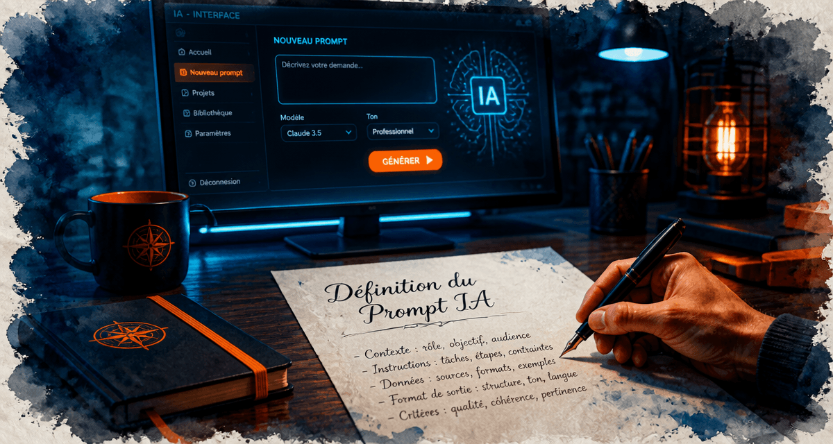 Prompt IA définition manuscrite sur bureau avec ordinateur