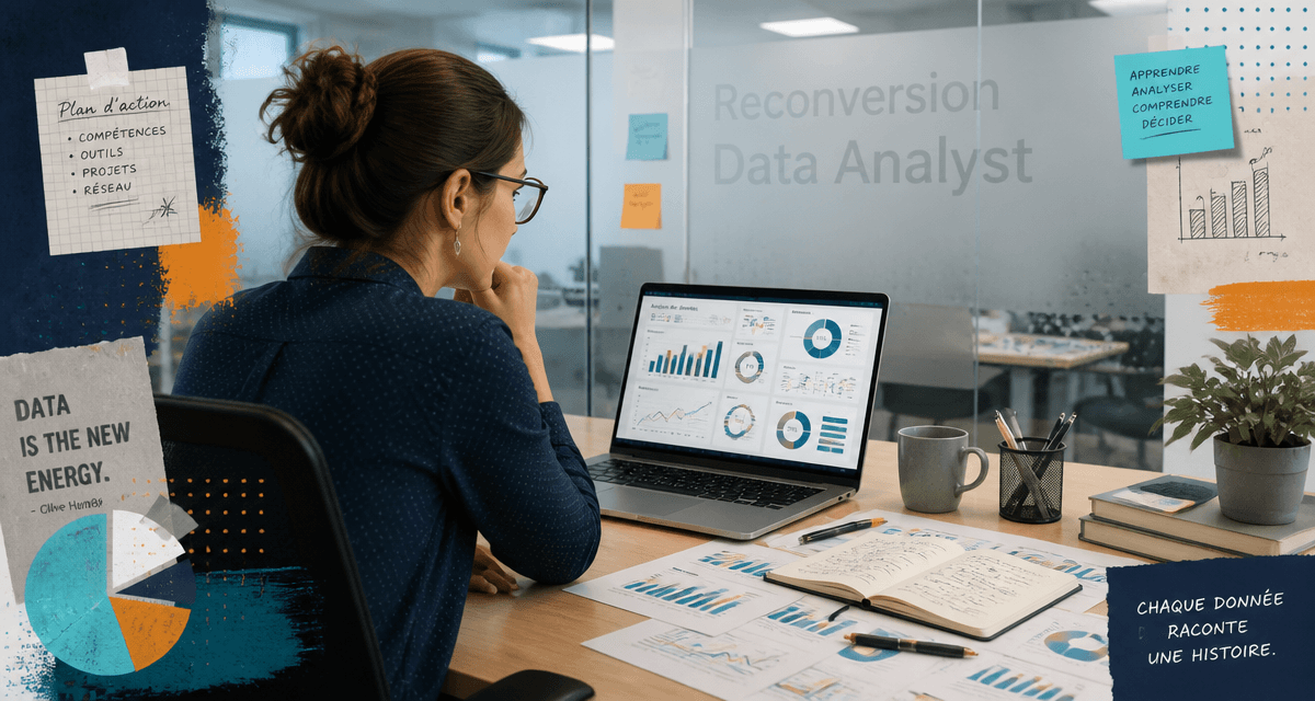 Reconversion data analyst femme devant tableau de visualisation