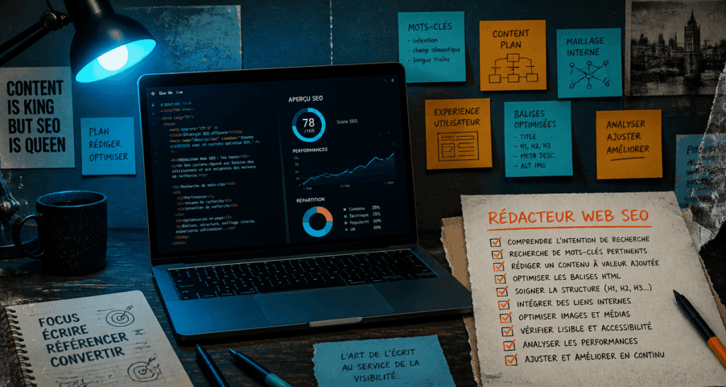 bureau rédacteur web seo freelance avec ordinateur et checklist