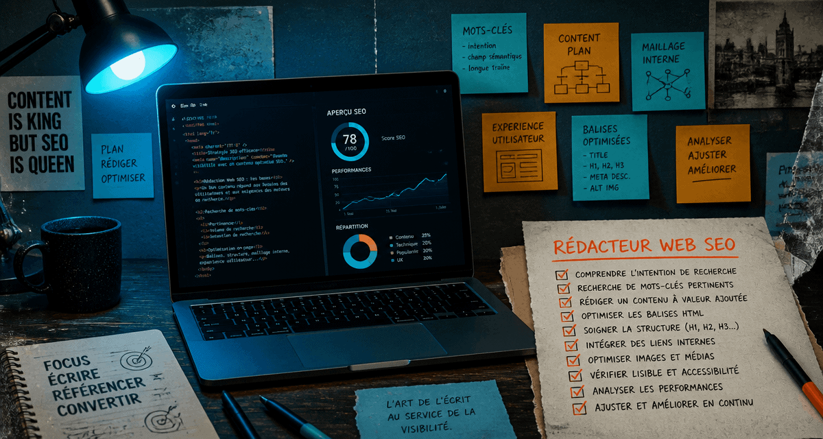 bureau rédacteur web seo freelance avec ordinateur et checklist