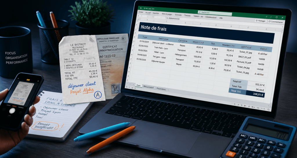 tableau note de frais sur ordinateur avec justificatifs