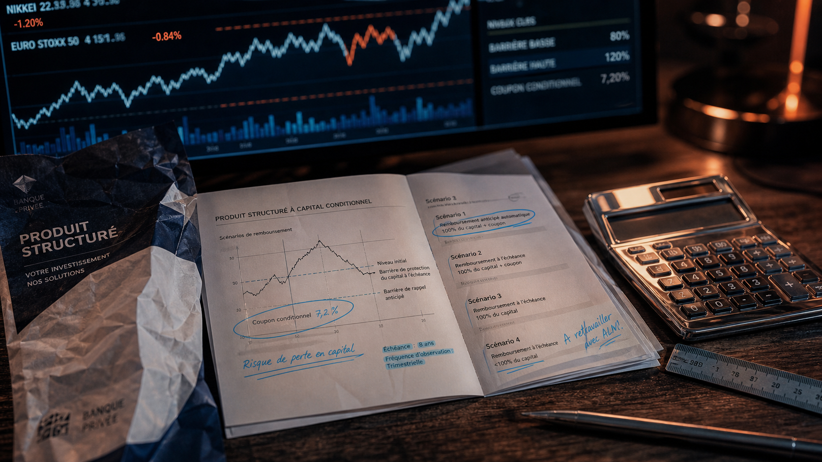 Définition produits structurés : risque de perte, contrat et schémas financiers sur table