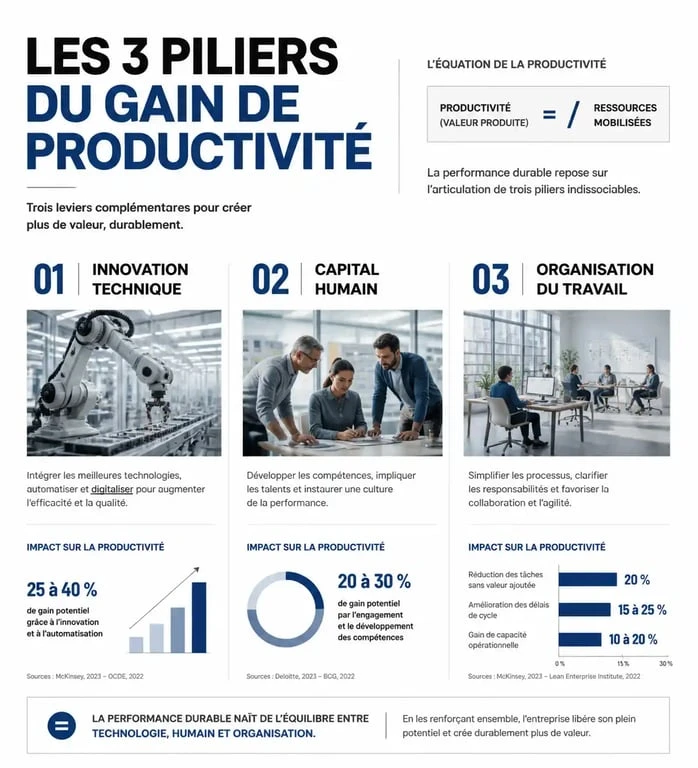 Infographie synthétique des leviers et du calcul du gain de productivité en entreprise