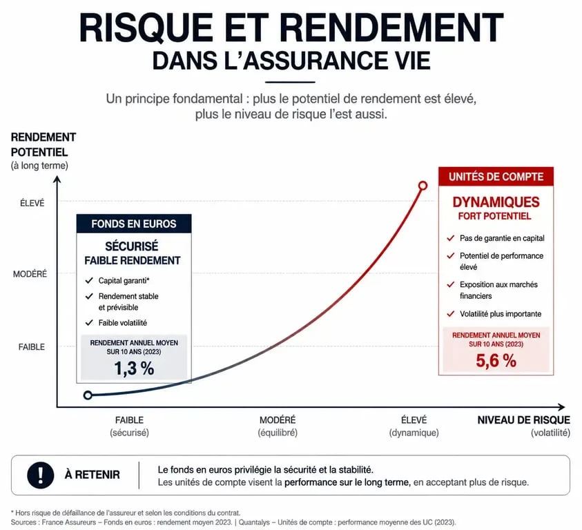 Infographie sur le rendement de l'assurance vie : fonds en euros vs unités de compte